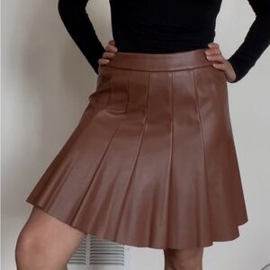 Brown Pleated Leather Skirt